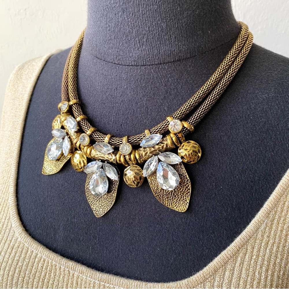 LAST CHANCE SALE! Brass Leaf Floral Crystal Pendant Layered Statement Necklace
